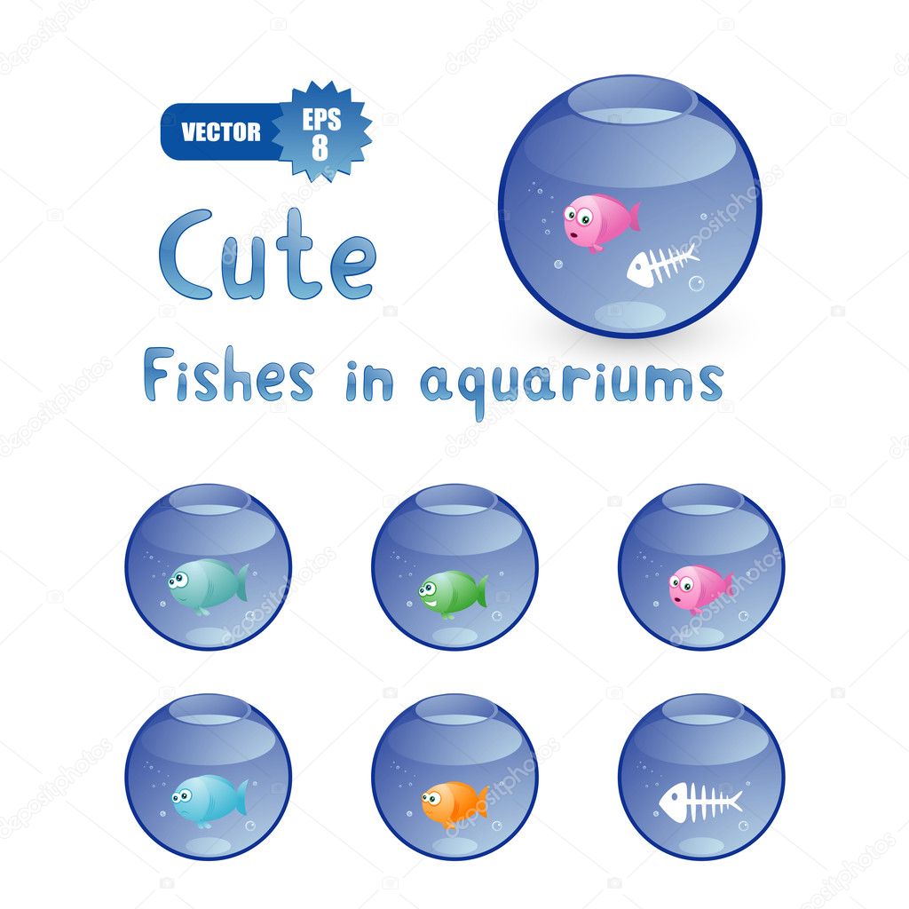 Cute cartoon fishes in aquariums