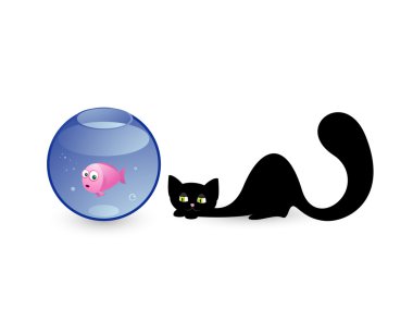 Black cat hunting for little fish clipart