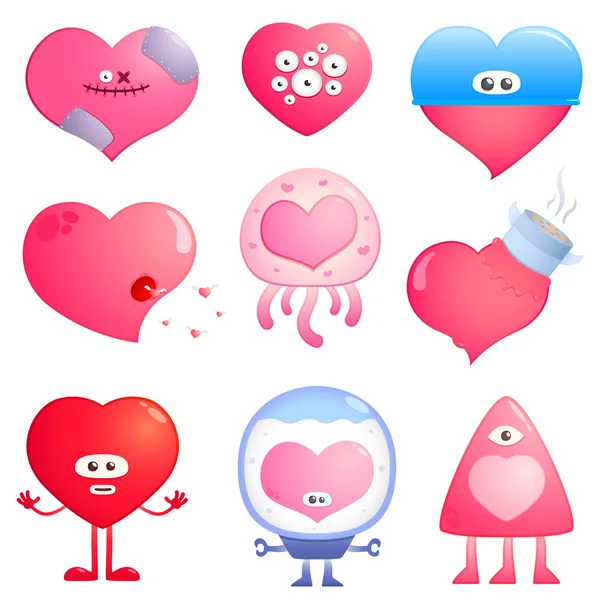 Collection Cartoon Colored Crazy Funny Hearts — Stock Vector