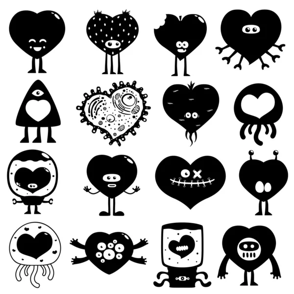 Collectie Voor Cartoon Gek Grappig Silhouet Hearts — Stockvector