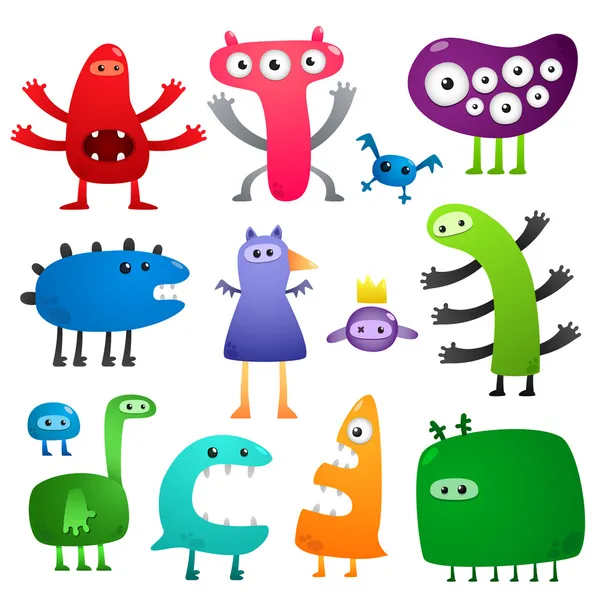 Coleção Desenhos Animados Coloridos Loucos Monstros Engraçados —  Vetores de Stock