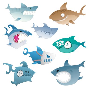 Collection of cartoon colored crazy angry sharks clipart