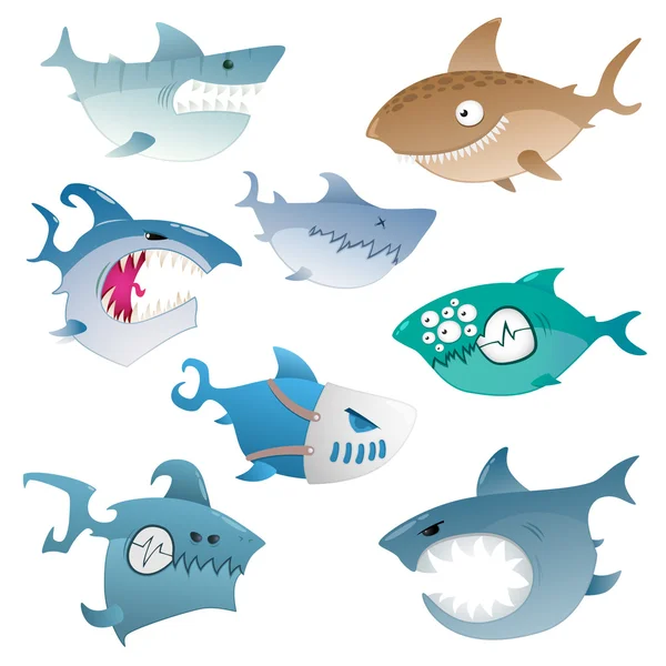 Collection Cartoon Colored Crazy Angry Sharks — Stock Vector