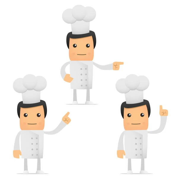 一组不同姿势的滑稽漫画厨师 用于演示等 — 图库矢量图片