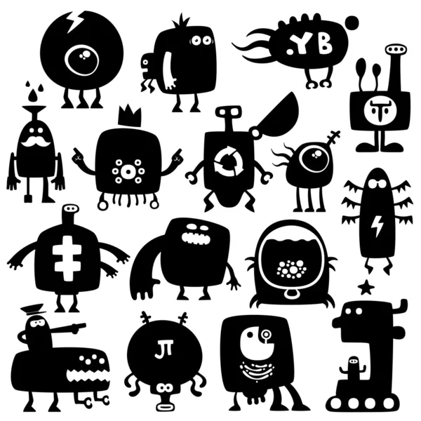 Big Collection Cartoon Funny Monsters Silhouettes — Stock Vector