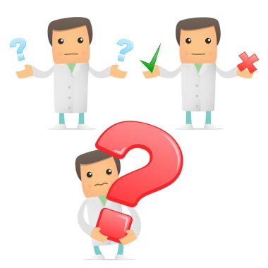 Çeşitli pozlarda sunumlarda kullanılacak komik karikatür doktorları, vs..