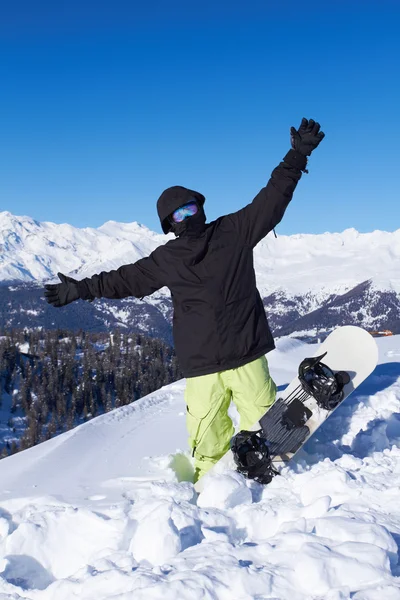 Snowboarder Black Jacket Posing Snowy Mountains — Stock Photo, Image