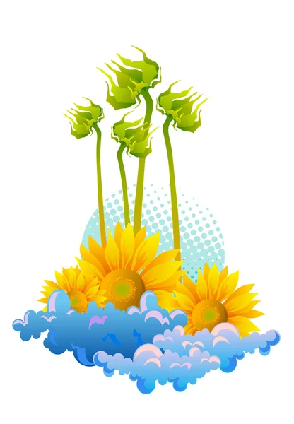 Mooie Zonnebloemen Met Blauwe Hemel — Stockvector