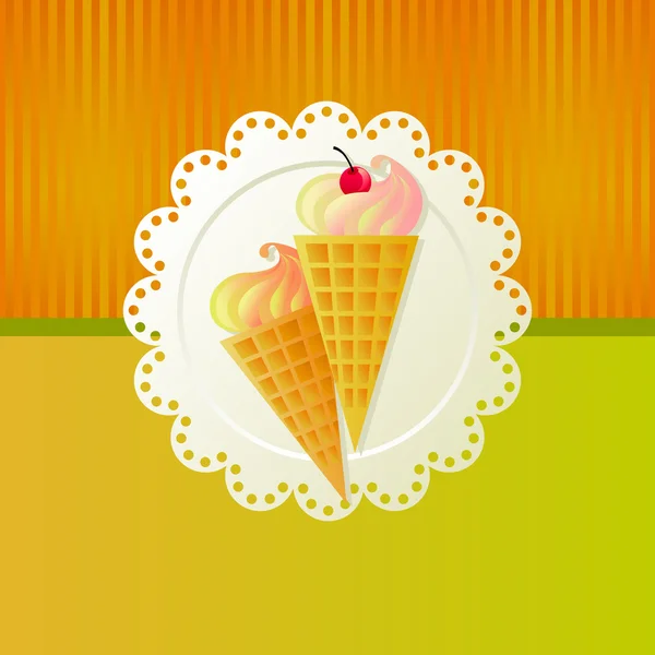 Ice Cream Cherry White Napkin Green Background — Stock Vector