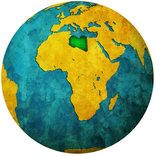Libya flag on globe map — Stock Photo, Image