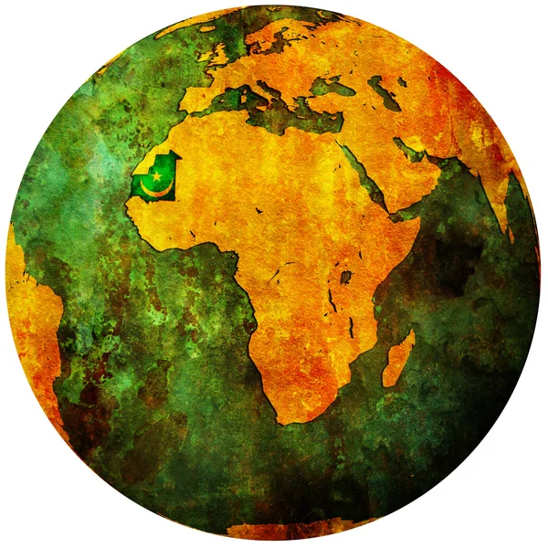 Mauritánská vlajka na mapě světa — Stock fotografie