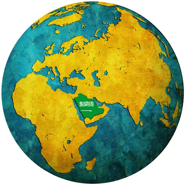 Arábia Saudita bandeira no mapa do globo — Fotografia de Stock