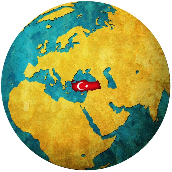 Turkije vlag op globe kaart — Stockfoto