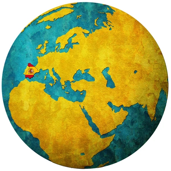 Bendera Spanyol pada peta bola dunia — Stok Foto