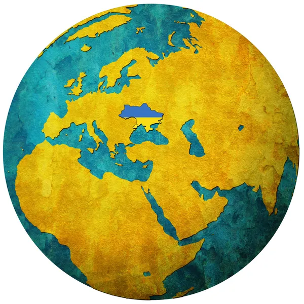 Oekraïne vlag op globe kaart — Stockfoto