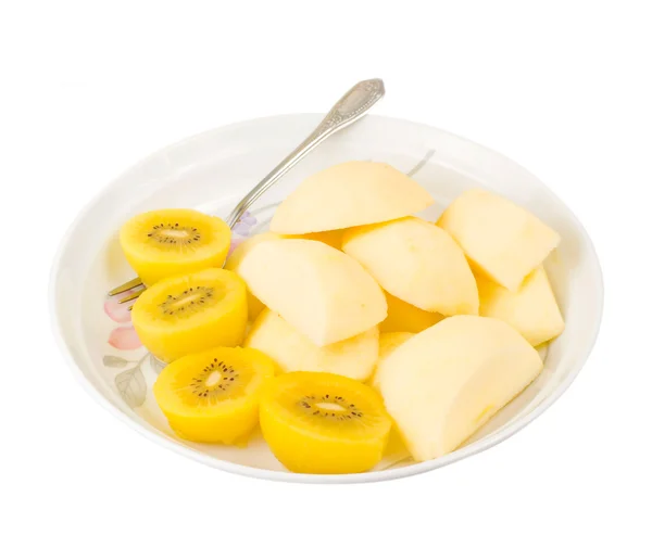 Golden kiwi fruit and sliced apple with fork — Stock Photo, Image