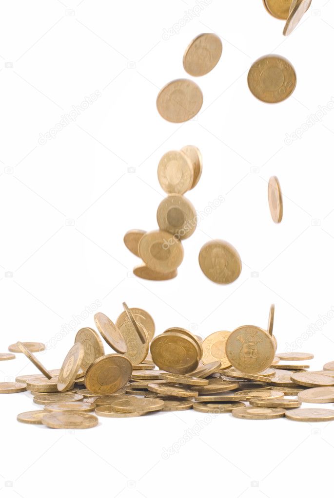 Earning money concept, falling golden coin