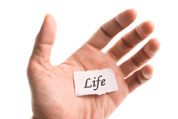 Vida palabra en mano, palabra en pedazo de papel lacrimógeno — Foto de Stock