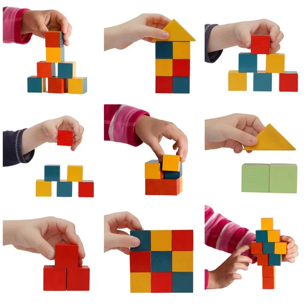Child hands playing with colored blocks collage — Stock Photo, Image