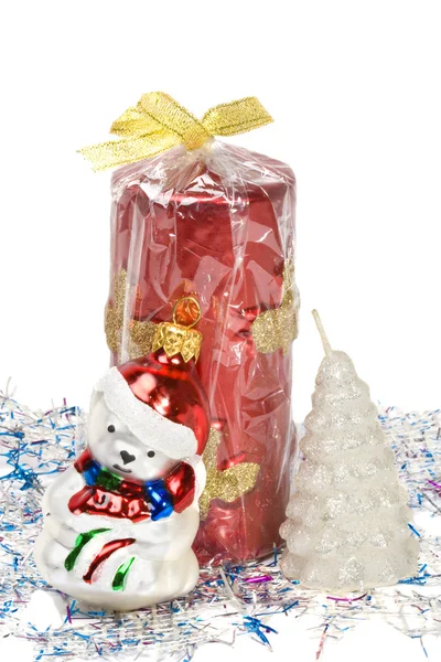 Velas de Navidad y juguete árbol de Navidad bea —  Fotos de Stock