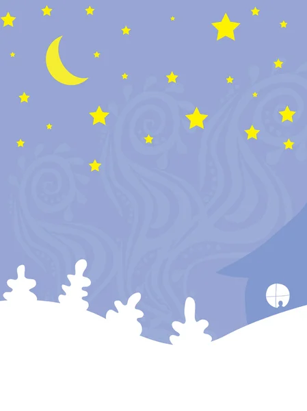 Fond Hiver Avec Peu Maison Dans Forêt Nocturne — Image vectorielle
