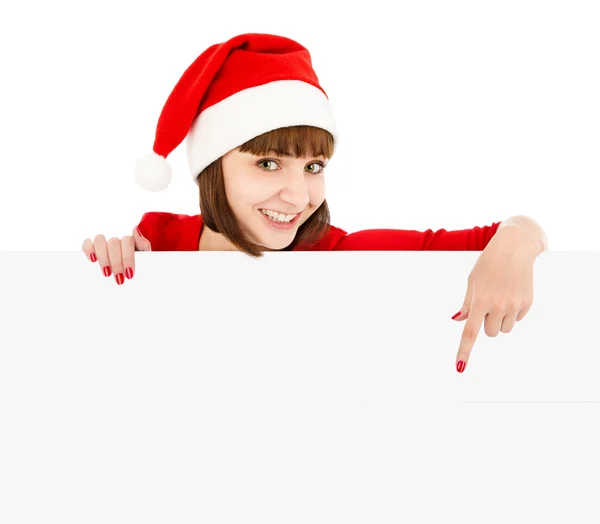 Santa woman wijzend op leeg teken billboard — Stockfoto