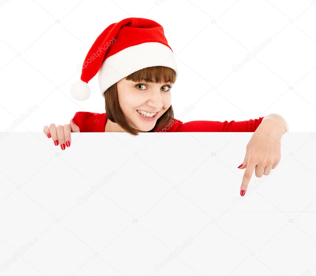 Santa woman pointing on blank sign billboard