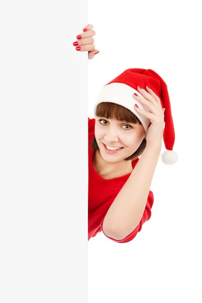 Santa vrouw bedrijf leeg teken billboard — Stockfoto