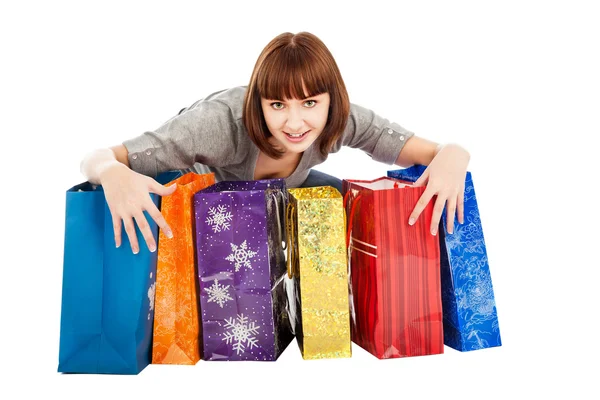 Junge Lächelnde Frau Mit Farbigen Einkaufstaschen Isoliert Auf Weiß — Stockfoto