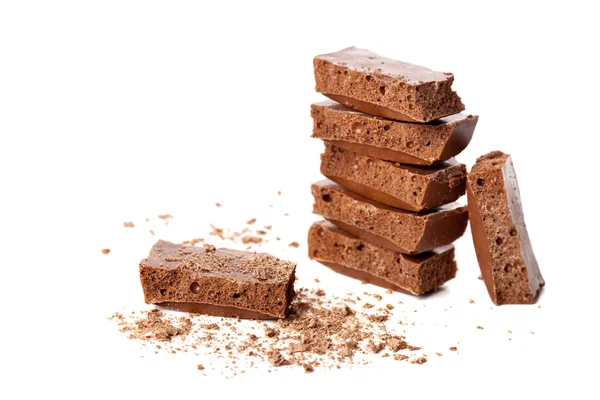 Stukken Van Melk Chocolade Wit Wordt Geïsoleerd Belucht — Stockfoto