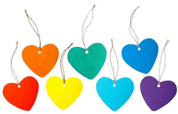 Rainbow colored paper hearts with rope — Stock Photo, Image