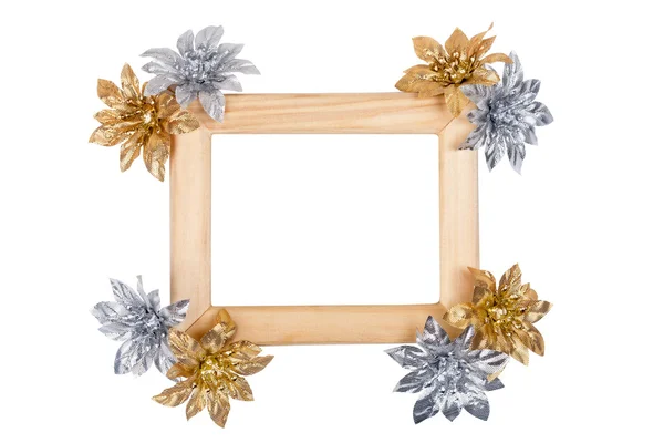 Wooden Photo Frame Decorated Golden Silver Flowers Isolated White — Stock Photo, Image