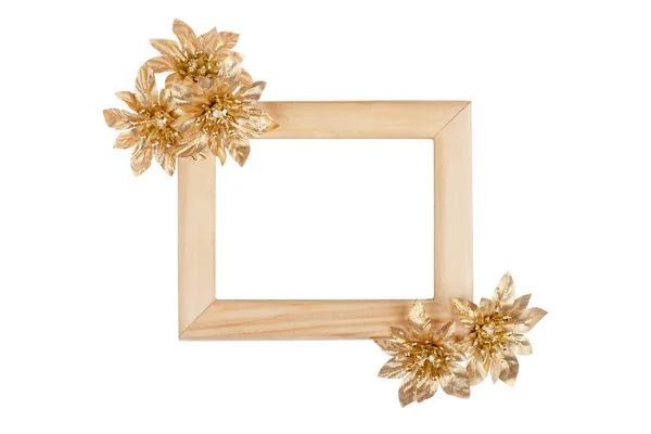 Cadre photo en bois avec des fleurs dorées — Photo