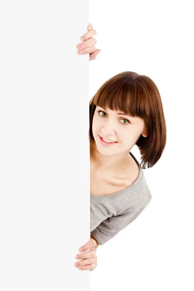 Young Smiling Woman Holding Blank Billboard Sign Isolated White — Stock Photo, Image