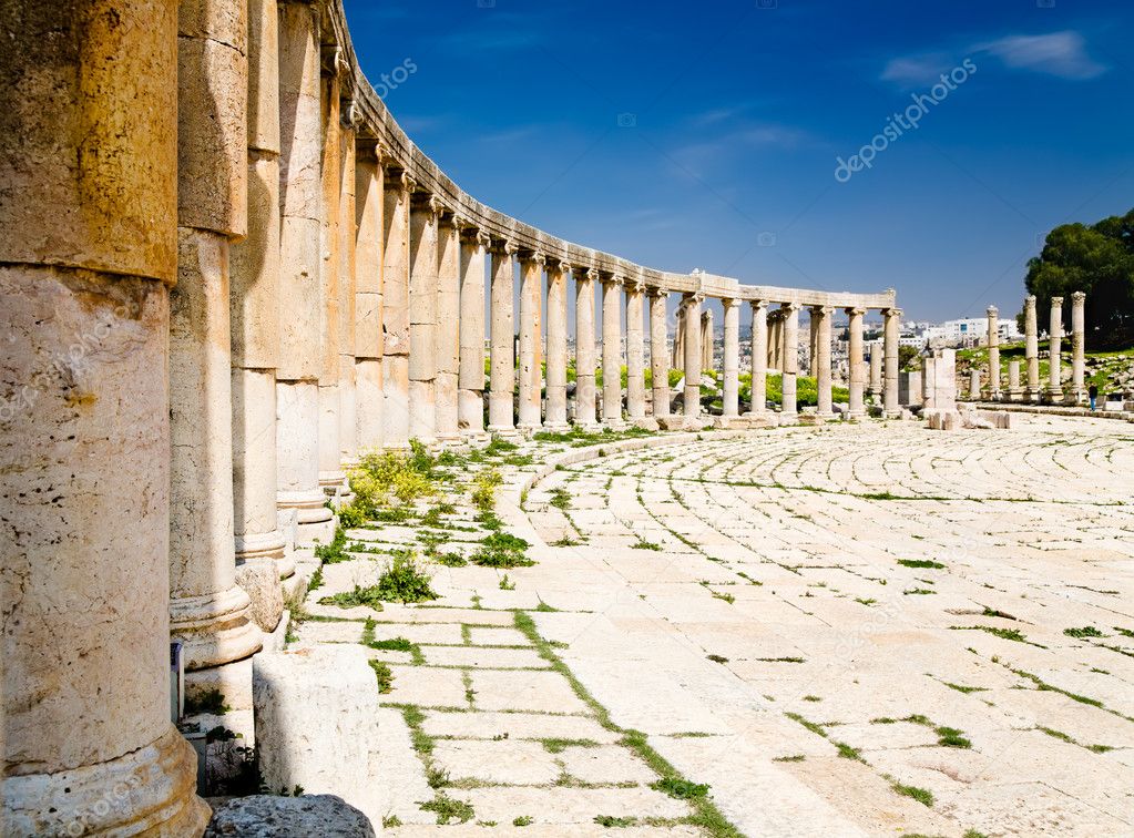 Oval Plaza ancient columns in Jerash, Jordan