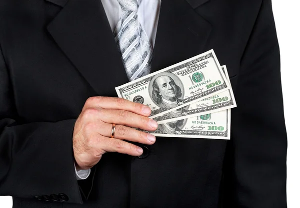 Geschäftsmann mit Dollarnoten in der Hand, isoliert — Stockfoto