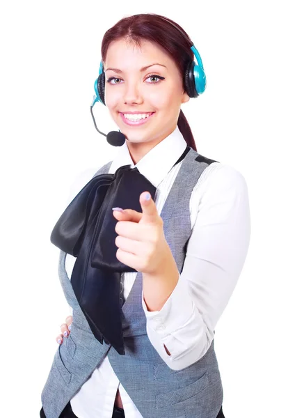 Beautiful Woman Working Call Center Pointing — Stock Photo, Image