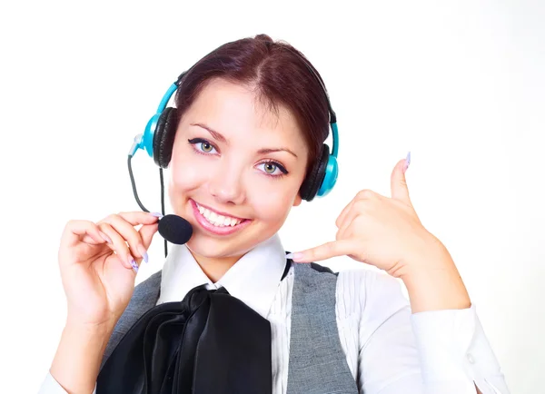 Piękna Kobieta Pracuje Call Center Pokazuje Połączenie Znak — Zdjęcie stockowe