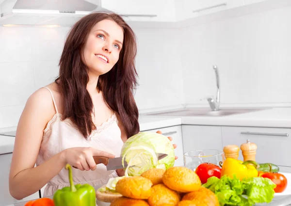 Beautiful Dreamy Young Woman Cooking Kitchen Stock Photo