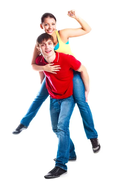 Gelukkige Opgewonden Tiener Paar Een Jongen Een Rail Rit Geven — Stockfoto