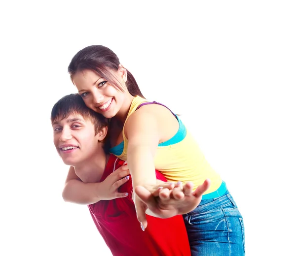 Lyckliga Glada Teenage Paret Pojke Som Ger Piggyback Rida Till — Stockfoto