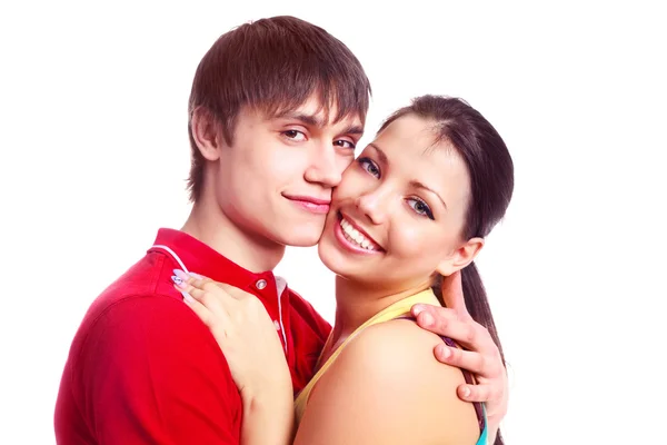 Glada Vackra Teenage Par Embracing Och Skrattar — Stockfoto