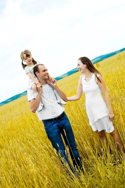Happy Family Young Mother Father Daughter Having Fun Wheat Field — Stock Photo, Image