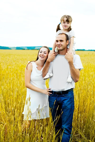 Happy Family Young Mother Father Daughter Having Fun Wheat Field — Stock Photo, Image