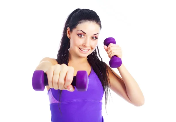 Beautiful Happy Brunette Woman Working Out Two Dumbbells — Stock Fotó