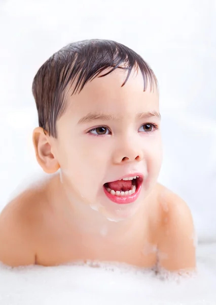 Displeased Unhappy Four Year Old Boy Taking Bath Foam — Stock Photo, Image