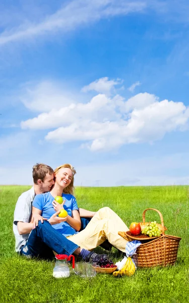 Happy Young Couple Having Picnic Outdoor Summer Day — Stock Photo, Image