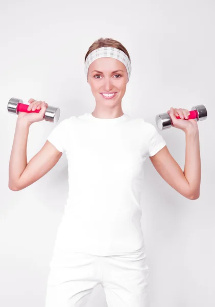 Beautiful Young Woman Working Out Two Dumbbells White Background — Stock Photo, Image