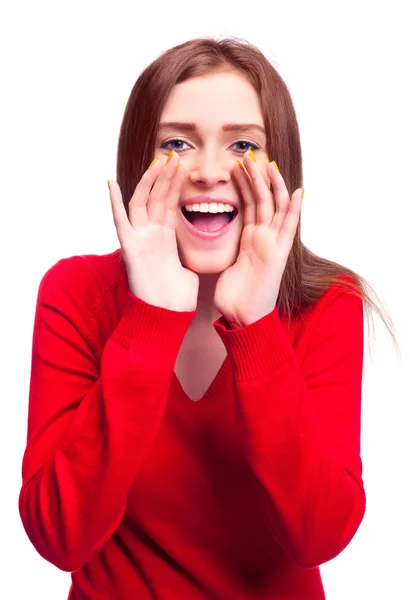 Happy Excited Young Woman Screaming Something — Stock Photo, Image