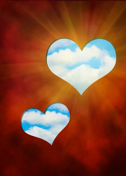 Two Hearts Cut Out Red Background Blue Sky Digital Illustration — Stock Photo, Image